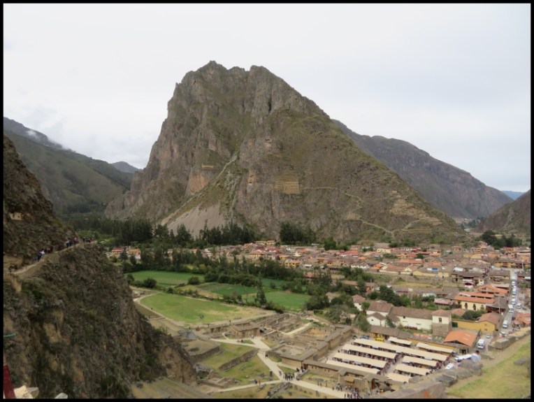 Ollantaytambo and Pinkuylluna mountain viewed from above