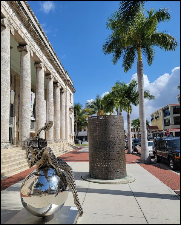 Sidney and Berne Davis Art Centre: Gliding in Time, by Juan Miguel Vazquez; and one Caloosahatchee Manuscript the bronze lantern-like cylinder